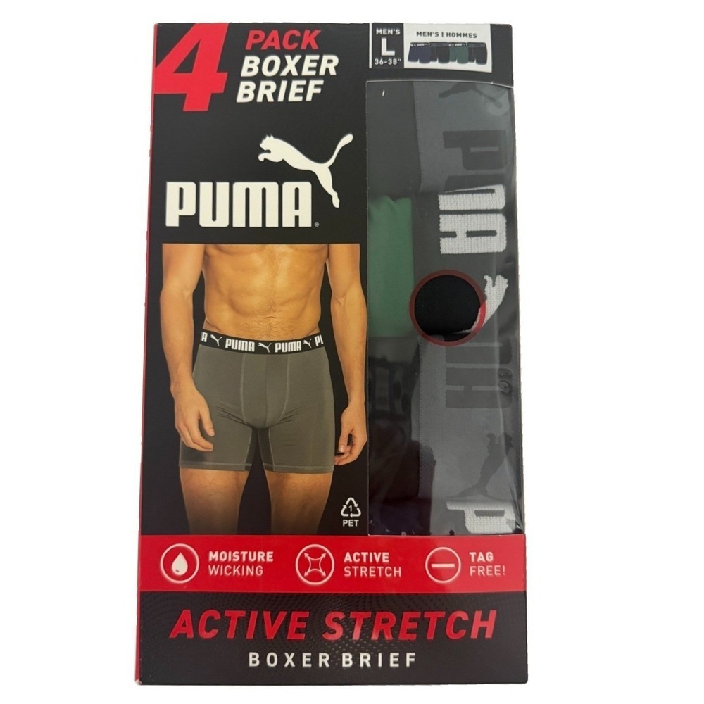 Puma Men's 4-Pack Active Stretch Boxer Briefs Tag Free Size L New